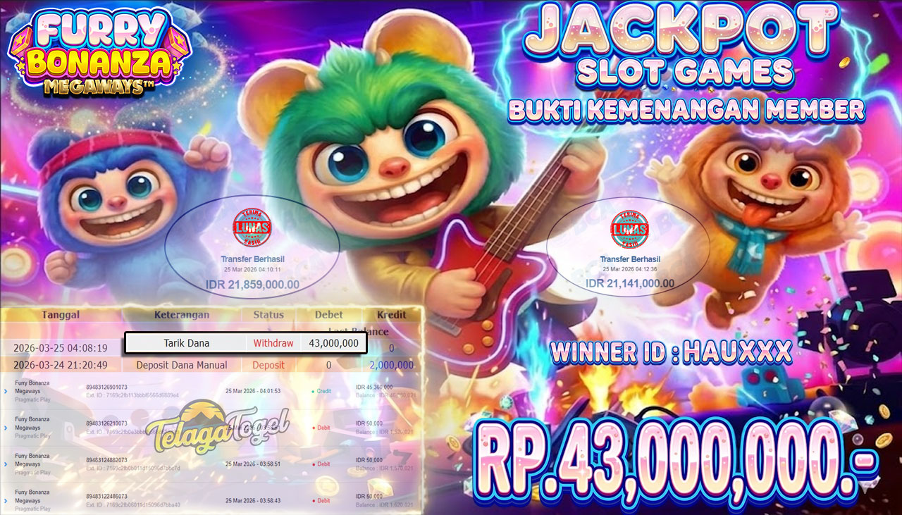 TELAGATOGEL JACKPOT SLOT FURRY BONANZA MEGAWAYS ( PRAGMATIC PLAY ) Rp 43.000,000.- LUNAS