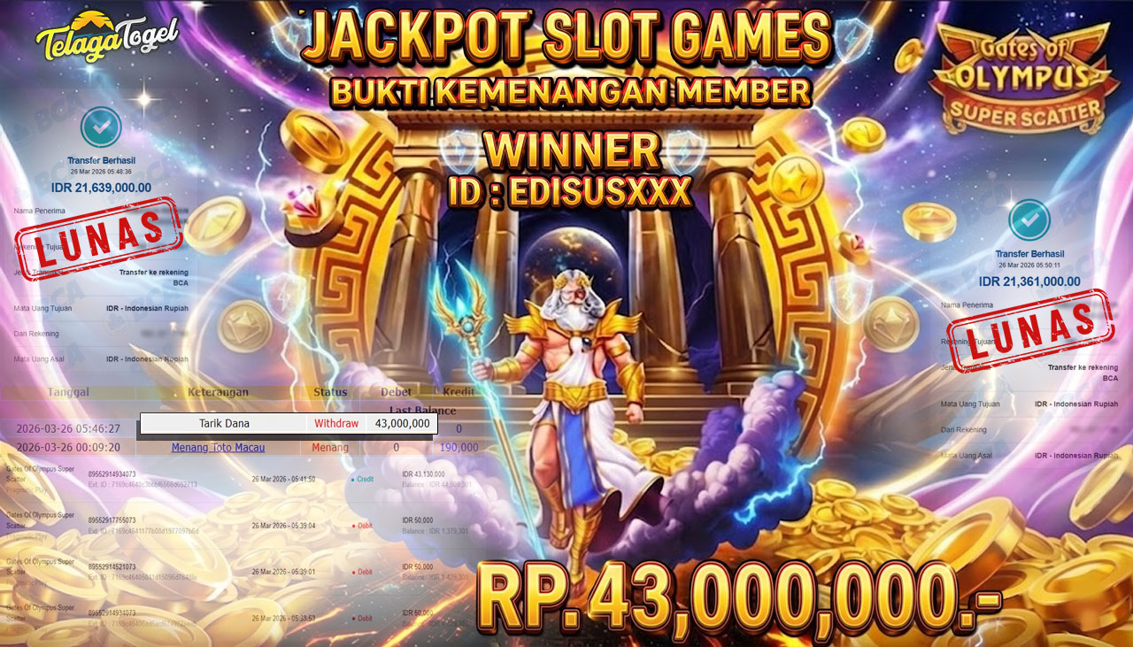 TELAGATOGEL JACKPOT SLOT GATES OF OLYMPUS SUPER SCATTER (PRAGMATIC PLAY) Rp 43.000,000.- LUNAS
