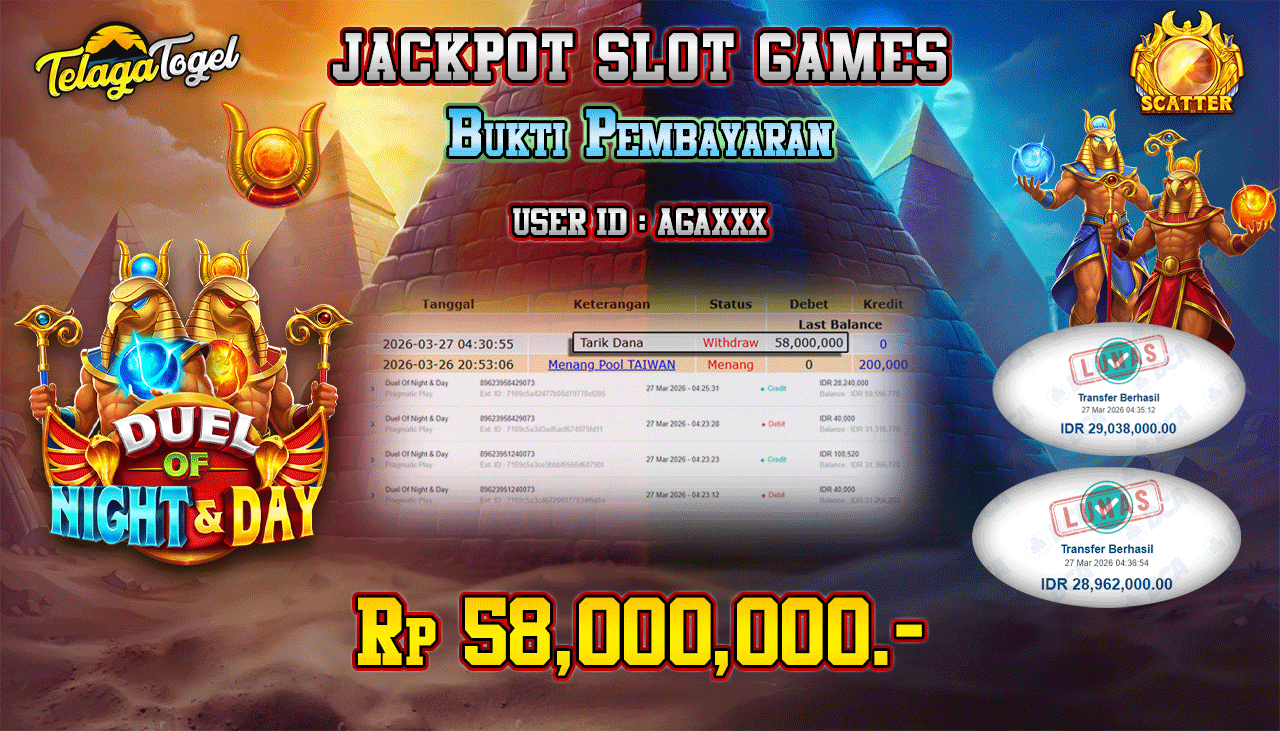TELAGATOGEL JACKPOT SLOT DUEL OF NIGHT & DAY (PRAGMATIC PLAY) Rp 58.000,000.- LUNAS