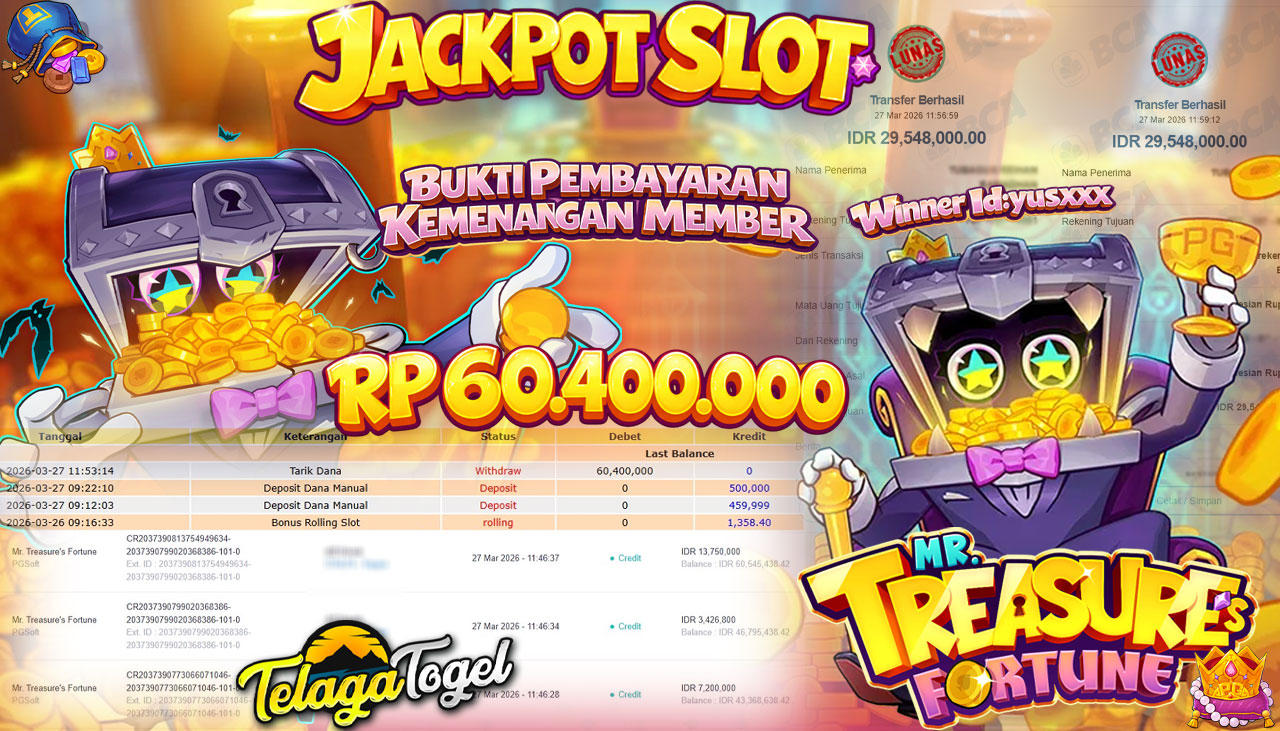 TELAGATOGEL JACKPOT SLOT MR TREASURE S FORTUNE(PG SOFT) Rp 60.400,000.- LUNAS
