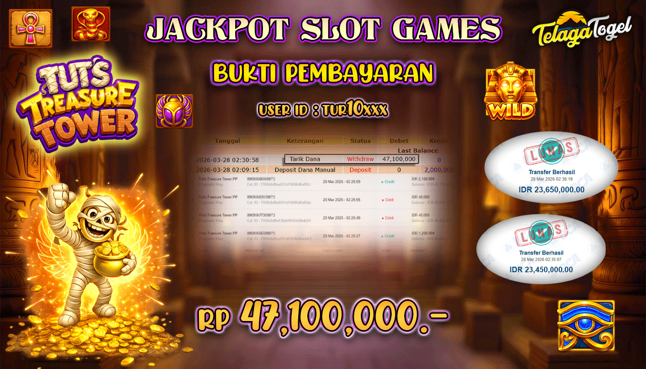 TELAGATOGEL JACKPOT SLOT TUT'S TREASURE TOWER PP  (PRAGMATIC PLAY) Rp 47.100,000.- LUNAS