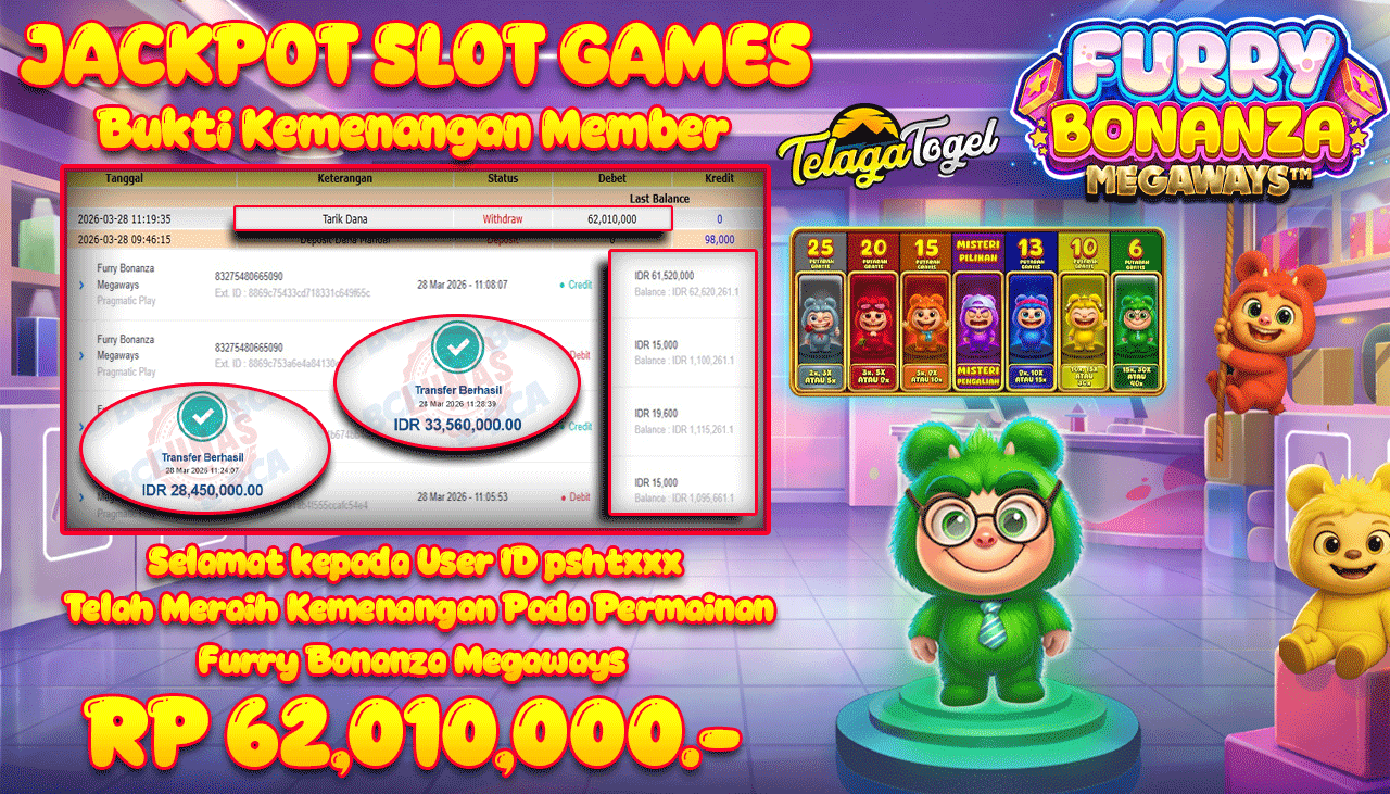 TELAGATOGEL JACKPOT SLOT FURRY BONANZA MEGAWAYS (PRAGMATIC PLAY) Rp 62.010,000.- LUNAS