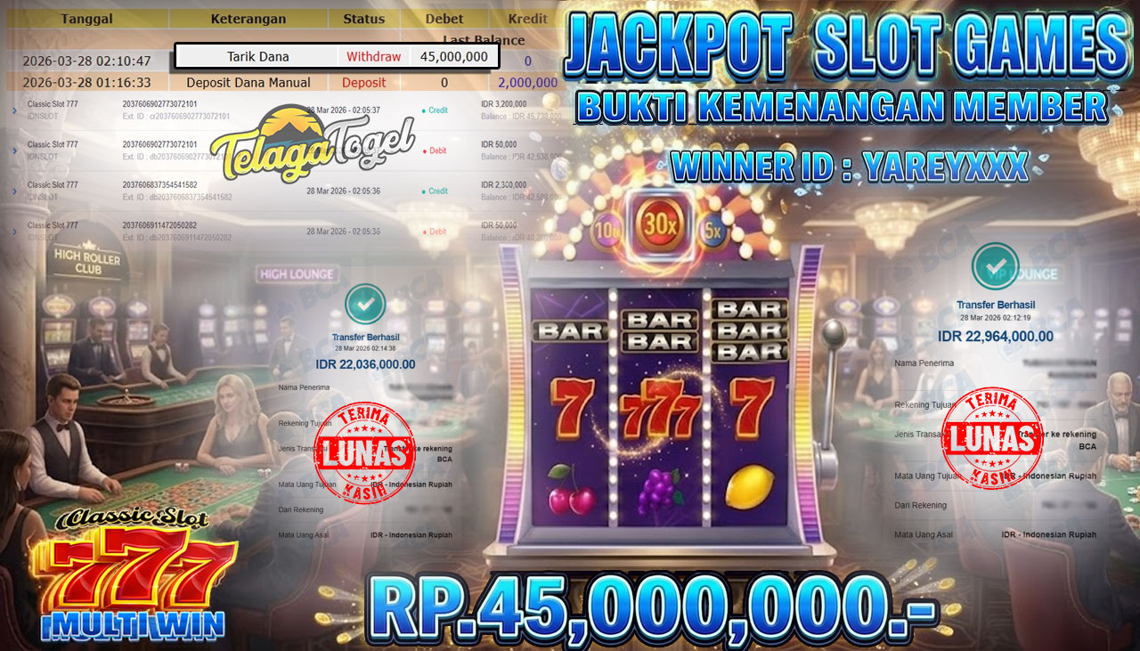 TELAGATOGEL JACKPOT SLOT CLASSIC SLOT 777 MULTI WIN (IDN SLOT) Rp 45.000,000.- LUNAS