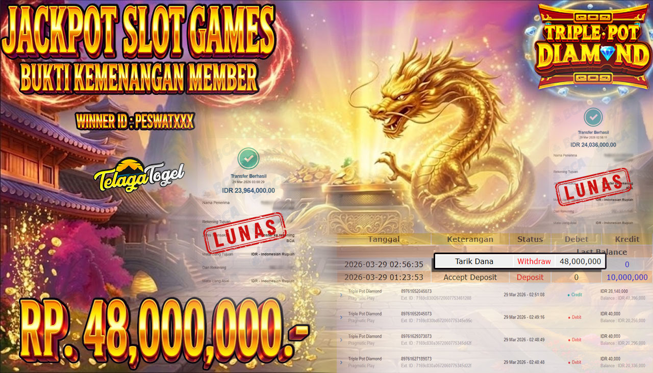 TELAGATOGEL JACKPOT SLOT TRIPLE POT DIAMOND (PRAGMATIC PLAY) Rp 48.000,000.- LUNAS