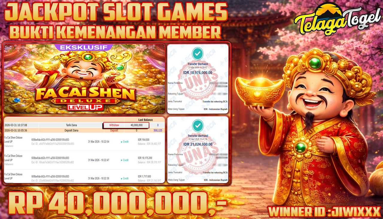 TELAGATOGEL JACKPOT SLOT FA CAI SHEN DELUXE - LEVEL UP ( HABANERO )Rp 40.000,000.- LUNAS