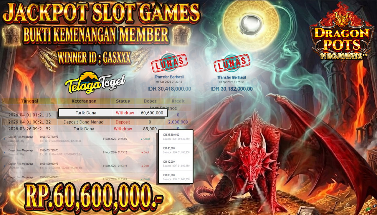 TELAGATOGEL JACKPOT SLOT DRAGON POTS( PRAGMATIC PLAY)Rp 60.600,000.- LUNAS
