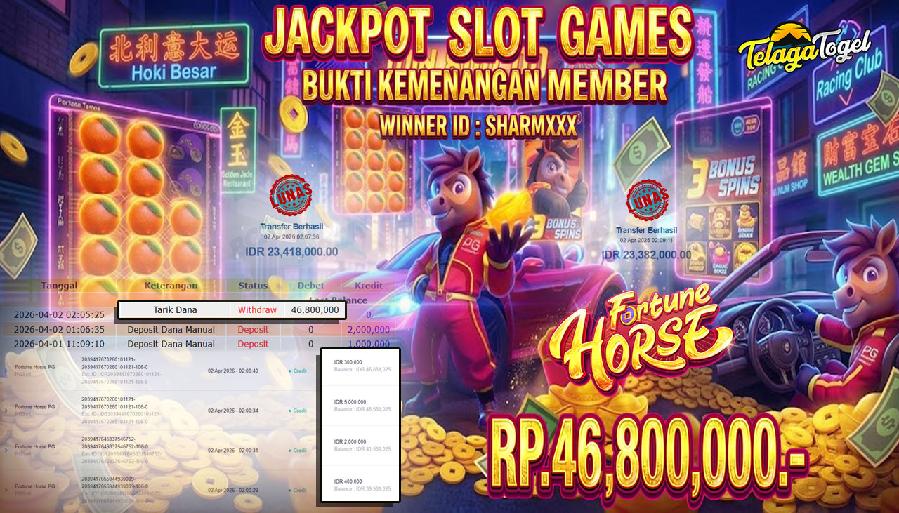 TELAGATOGEL JACKPOT SLOT FORTUNE HORSE ( PG SOFT) Rp 46.800,000.- LUNAS