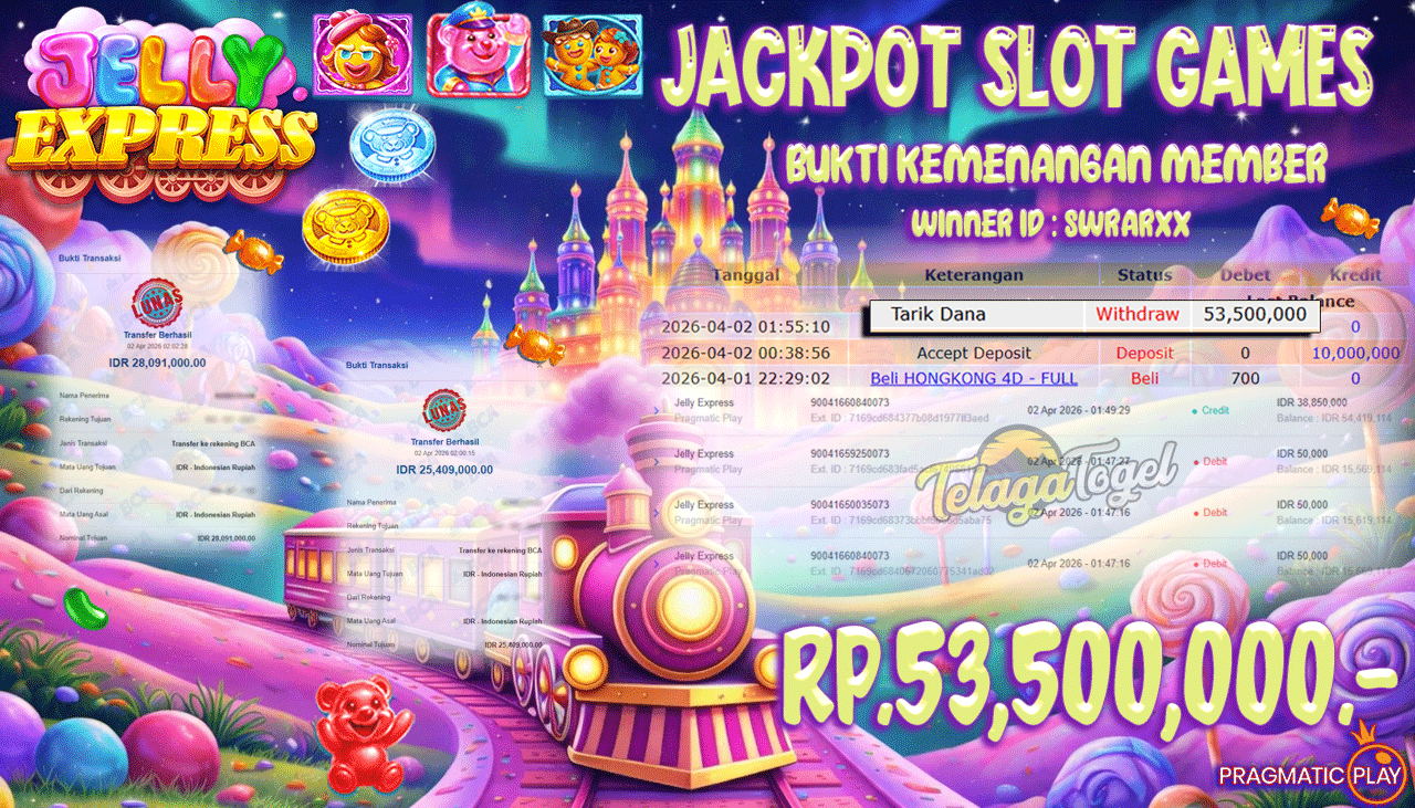 TELAGATOGEL JACKPOT SLOT JELLY EXPRESS ( PRAGMATIC PLAY) Rp 53.500,000.- LUNAS