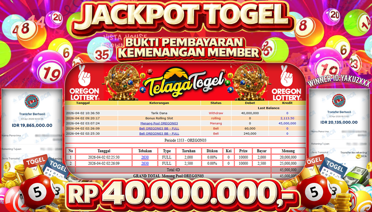 TELAGATOGEL JACKPOT TOGEL PASARAN OREGON03 Rp 40.000,000.- LUNAS