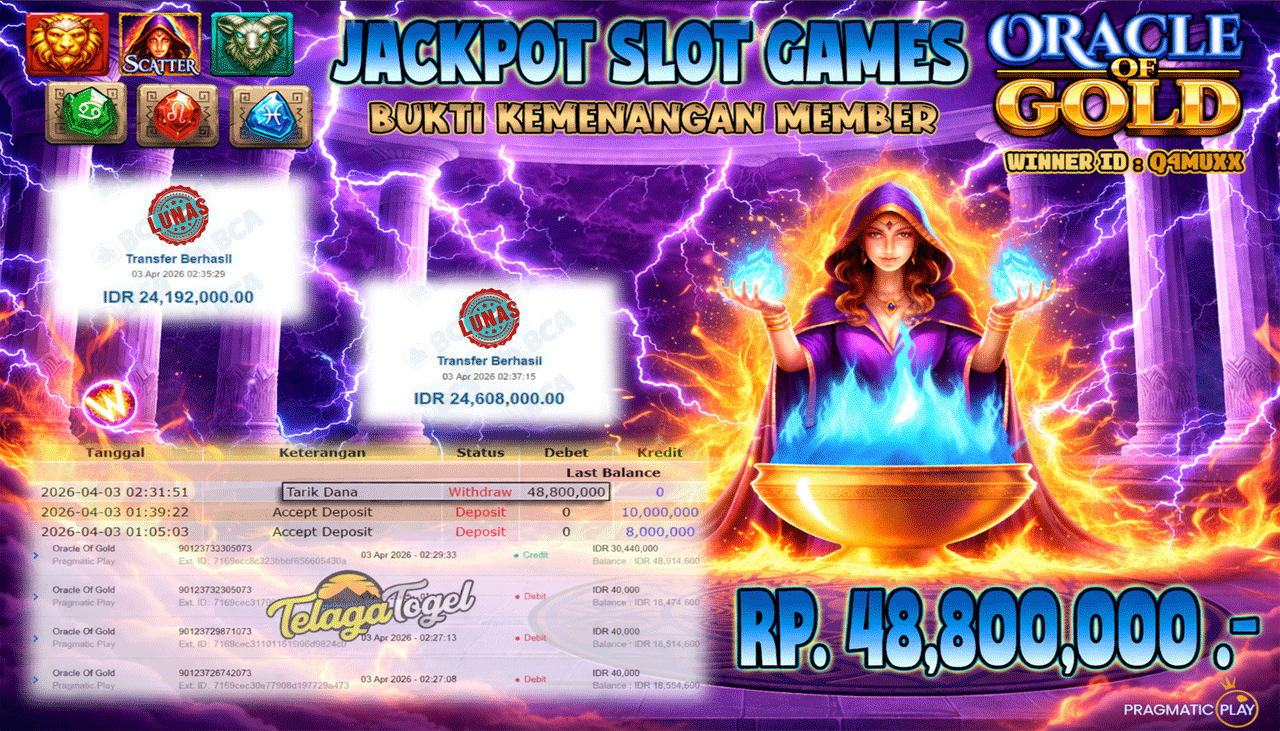 TELAGATOGEL JACKPOT SLOT ORACLE OF GOLD ( PRAGMATIC PLAY) Rp 48.800,000.- LUNAS