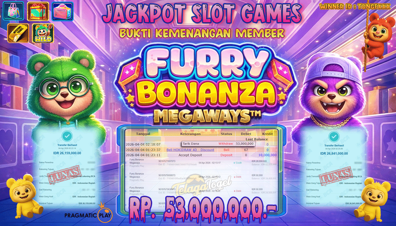 TELAGATOGEL JACKPOT SLOT FURRY BONANZA MEGAWAYS ( PRAGMATIC PLAY ) Rp 53,000,000.- LUNAS