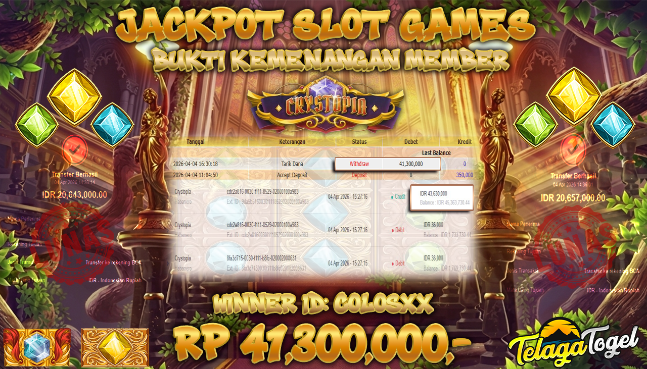 TELAGATOGEL JACKPOT SLOT CRYSTOPIA ( HABANERO ) Rp 41,300,000.- LUNAS