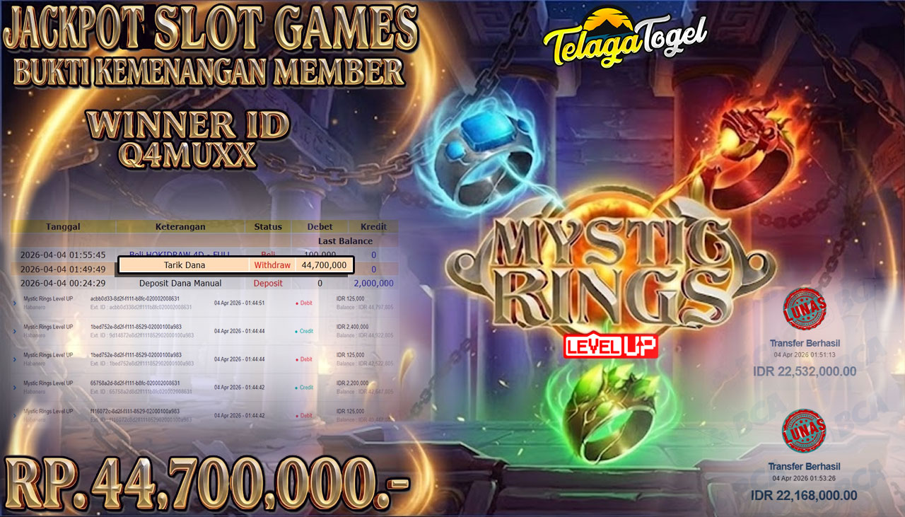 TELAGATOGEL JACKPOT SLOT MYSTIC RINGS LEVEL UP( HABANERO) Rp 44,700,000.- LUNAS