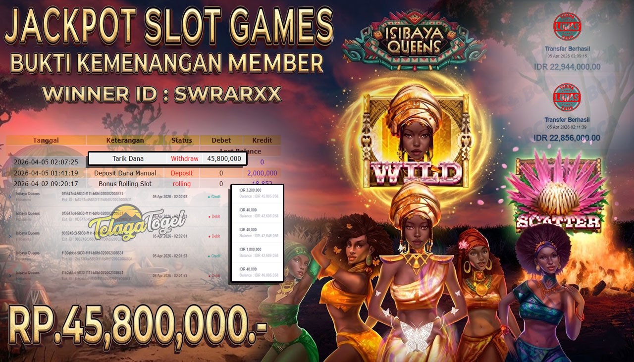 TELAGATOGEL JACKPOT SLOT ISIBAYA QUEENS ( HABANERO ) Rp 45,800,000.- LUNAS