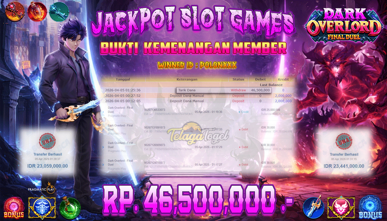 TELAGATOGEL JACKPOT SLOT DARK OVERLORD FINAL DUEL ( PRAGMATIC PLAY ) Rp 46,500,000.- LUNAS