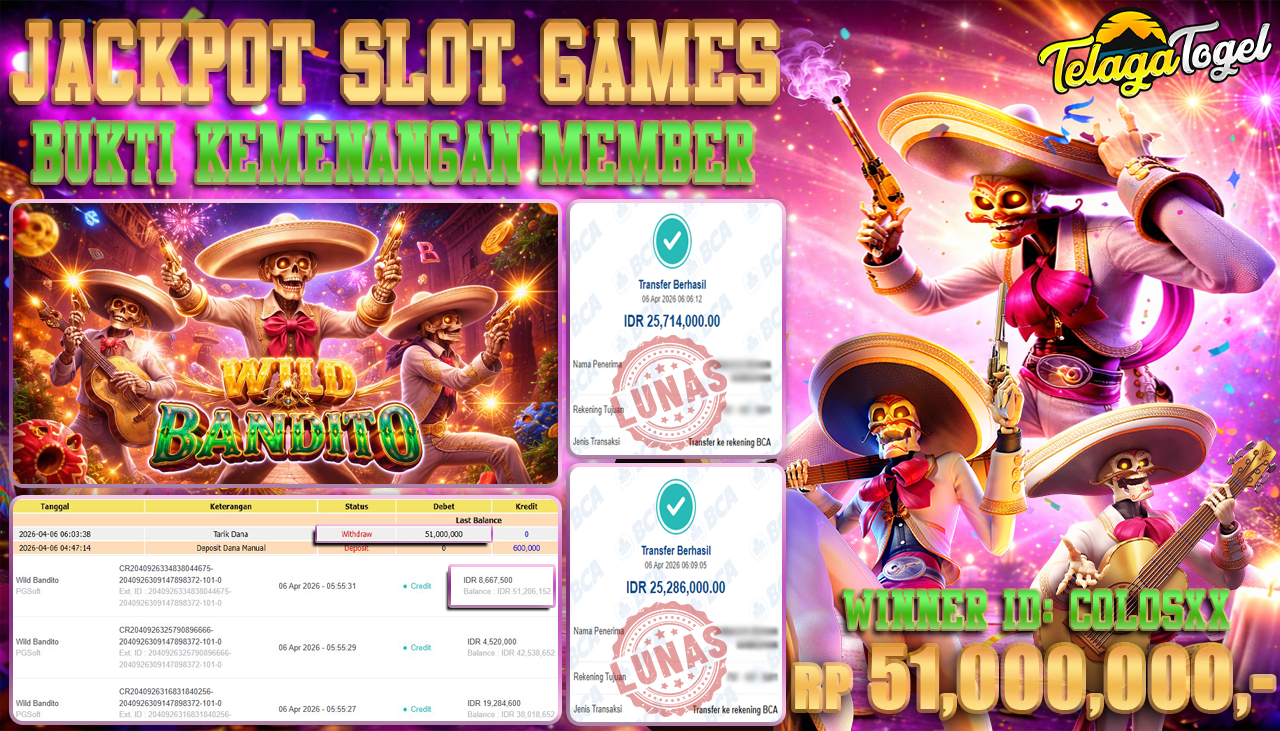 TELAGATOGEL JACKPOT SLOT WILD BANDITO ( PG SOFT ) Rp 51,000,000.- LUNAS