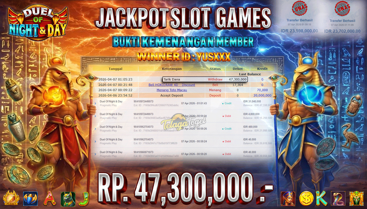 TELAGATOGEL JACKPOT SLOT DUEL OF NIGHT & DAY ( PRAGMATIC PLAY ) Rp 47,300,000.- LUNAS