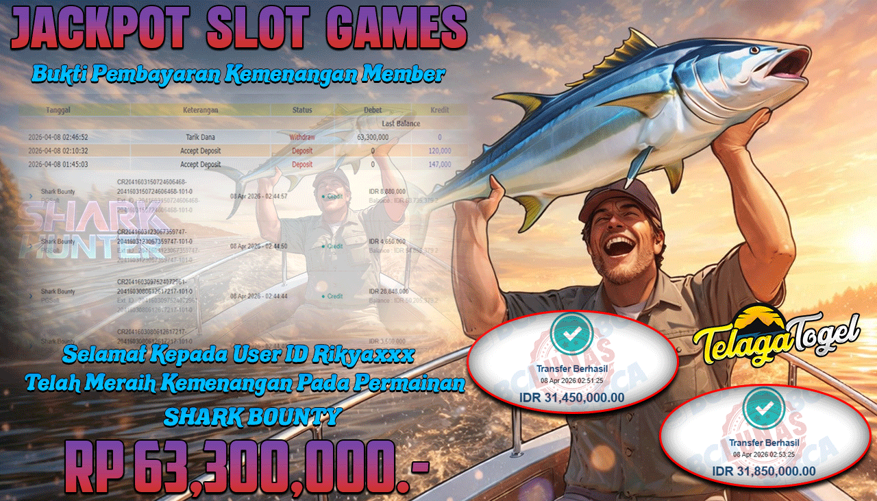 TELAGATOGEL JACKPOT SLOT SHARK BOUNTY ( PG SOFT) Rp 63,300,000.- LUNAS