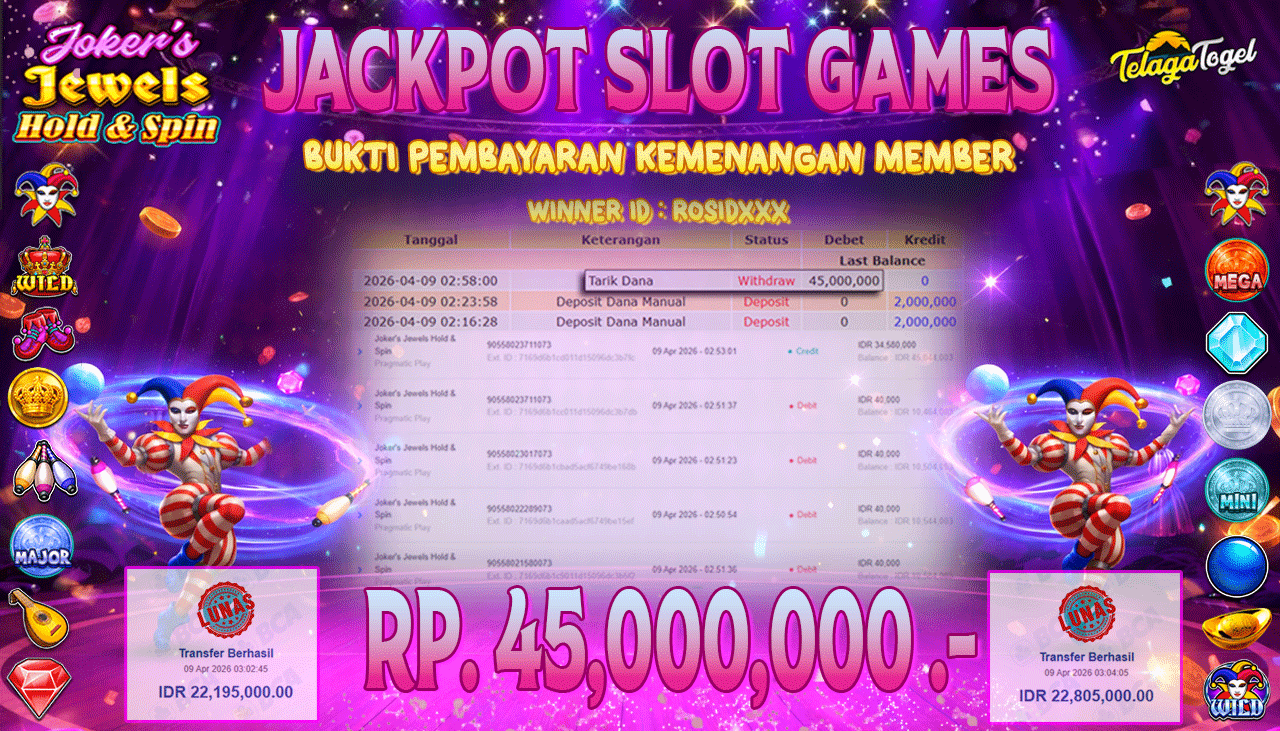 TELAGATOGEL JACKPOT SLOT JOKER'S JEWELS HOLD & SPIN  ( PRAGMATIC PLAY) Rp 45,000,000.- LUNAS