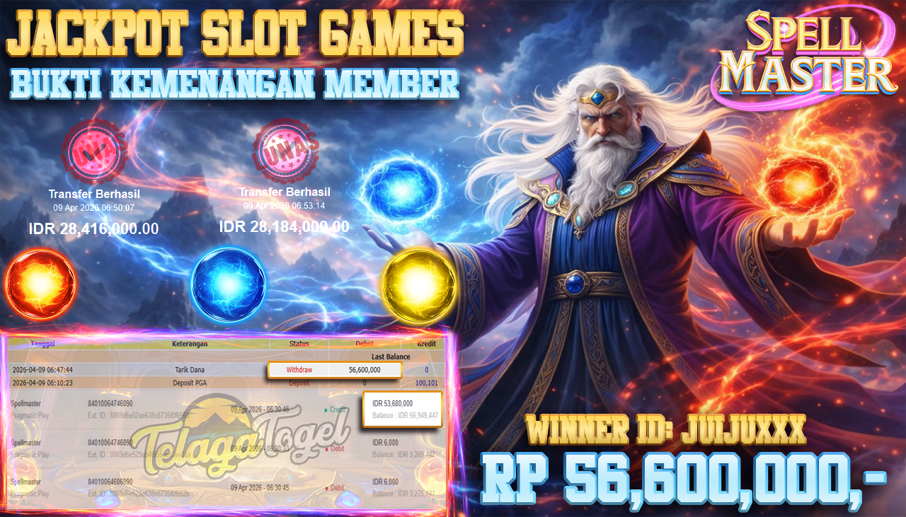 TELAGATOGEL JACKPOT SLOT SPELL MASTER ( PRAGMATIC PLAY) Rp 56,600,000.- LUNAS