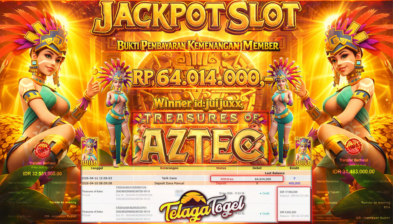TELAGATOGEL JACKPOT SLOT TREASURES OF AZTEC(PG SOFT) Rp 64,014,000.- LUNAS