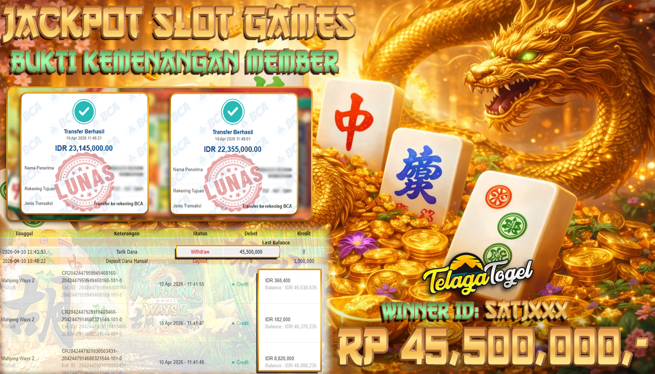 TELAGATOGEL JACKPOT SLOT MAHJONG WAYS 2 (PG SOFT) Rp 45,500,000.- LUNAS