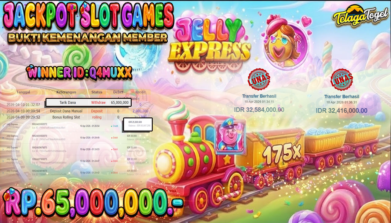 TELAGATOGEL JACKPOT SLOT JELLY EXPRESS ( PRAGMATIC PLAY) Rp 65,000,000.- LUNAS