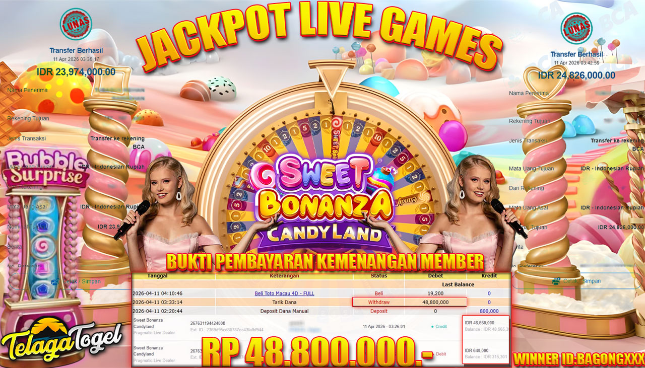 TELAGATOGEL JACKPOT LIVE GAMES SWEET BONANZA CANDY LAND Rp 48,800,000.- LUNAS