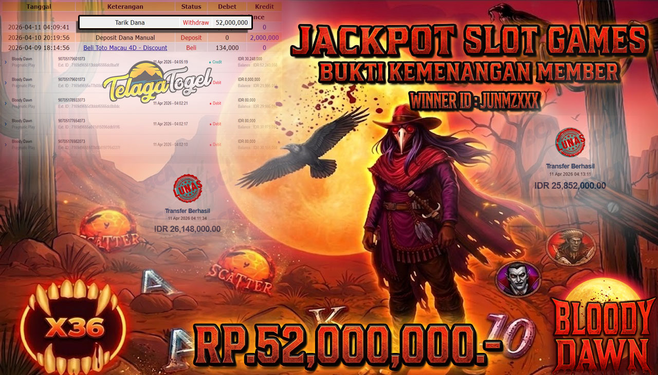TELAGATOGEL JACKPOT SLOT BLOODY DAWN (PRAGMATIC PLAY) Rp 52,000,000.- LUNAS