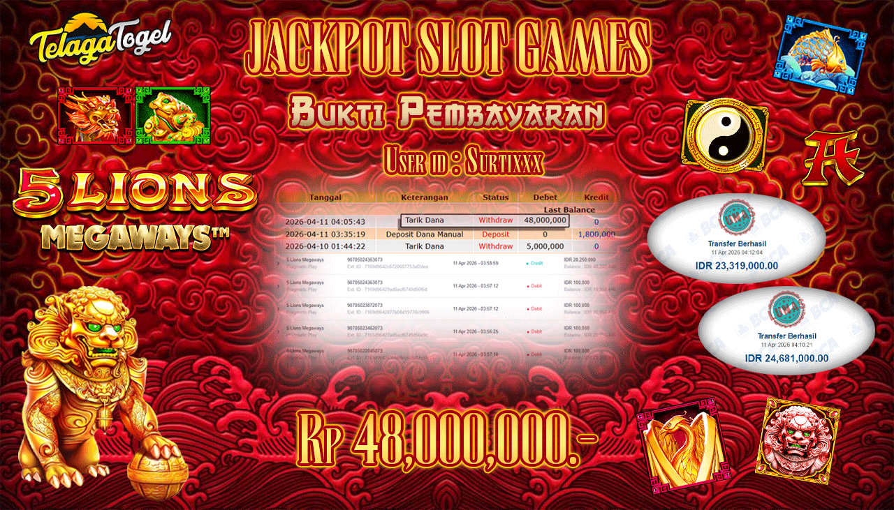 TELAGATOGEL JACKPOT SLOT 5 LIONS MEGAWAYS (PRAGMATIC PLAY) Rp 48,000,000.- LUNAS