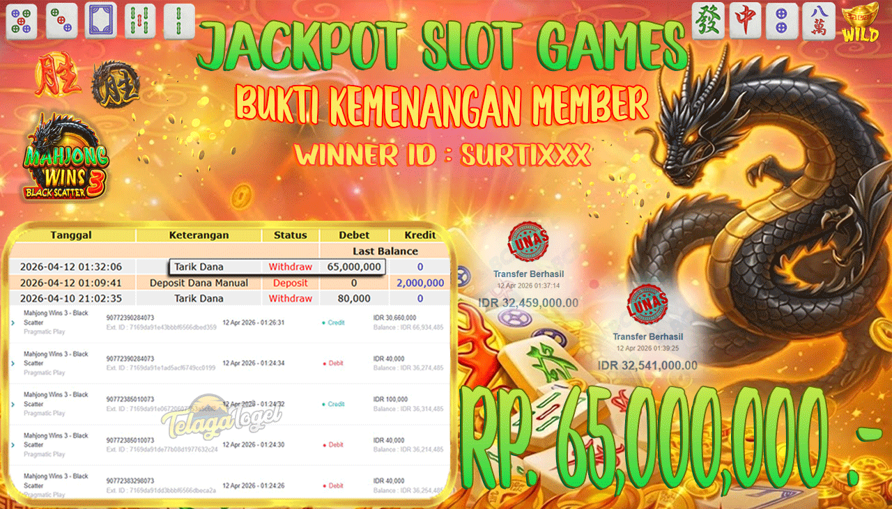 TELAGATOGEL JACKPOT SLOT MAHJONG WINS 3 BLACK SCATTER (PRAGMATIC PLAY) Rp 65,000,000.- LUNAS