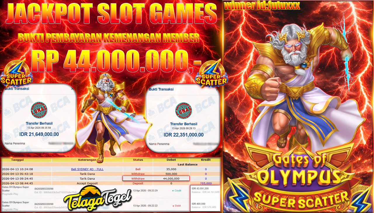 TELAGATOGEL JACKPOT SLOT GATES OF OLYMPUS SUPER SCATTER(PRAGMATIC PLAY) Rp 44,000,000.- LUNAS