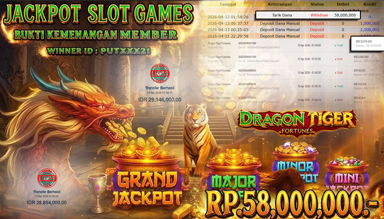 TELAGATOGEL JACKPOT SLOT DRAGON TIGER FORTUNES (PRAGMATIC PLAY) Rp 58,000,000.- LUNAS