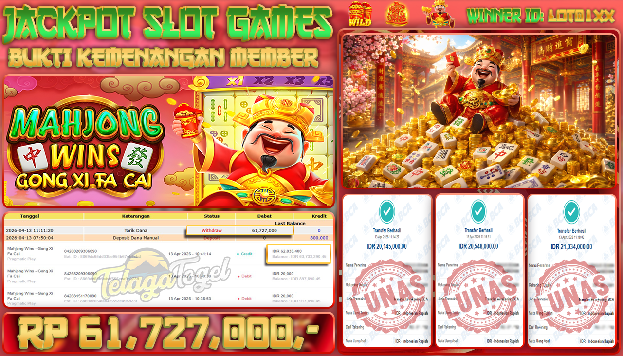 TELAGATOGEL JACKPOT SLOT MAHJONG WINS - GONG XI FA CAI (PRAGMATIC PLAY) Rp 61,727,000.- LUNAS