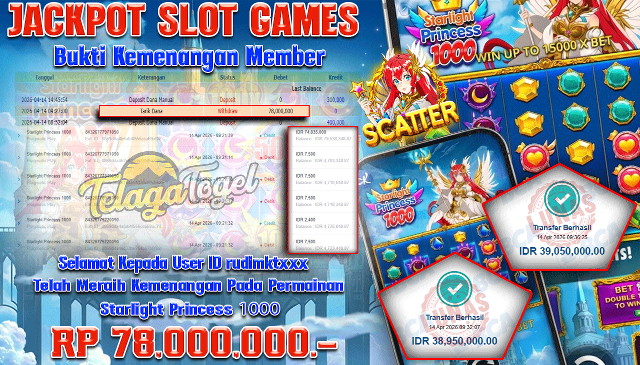 TELAGATOGEL JACKPOT SLOT STARLIGHT PRINCESS 1000 (PRAGMATIC PLAY) Rp 78,000,000.- LUNAS