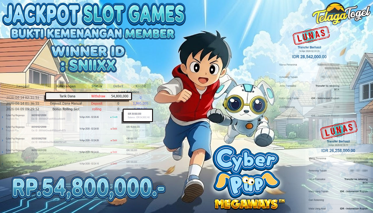 TELAGATOGEL JACKPOT SLOT CYBER PUP MEGAWAYS (PRAGMATIC PLAY) Rp 54,800,000.- LUNAS