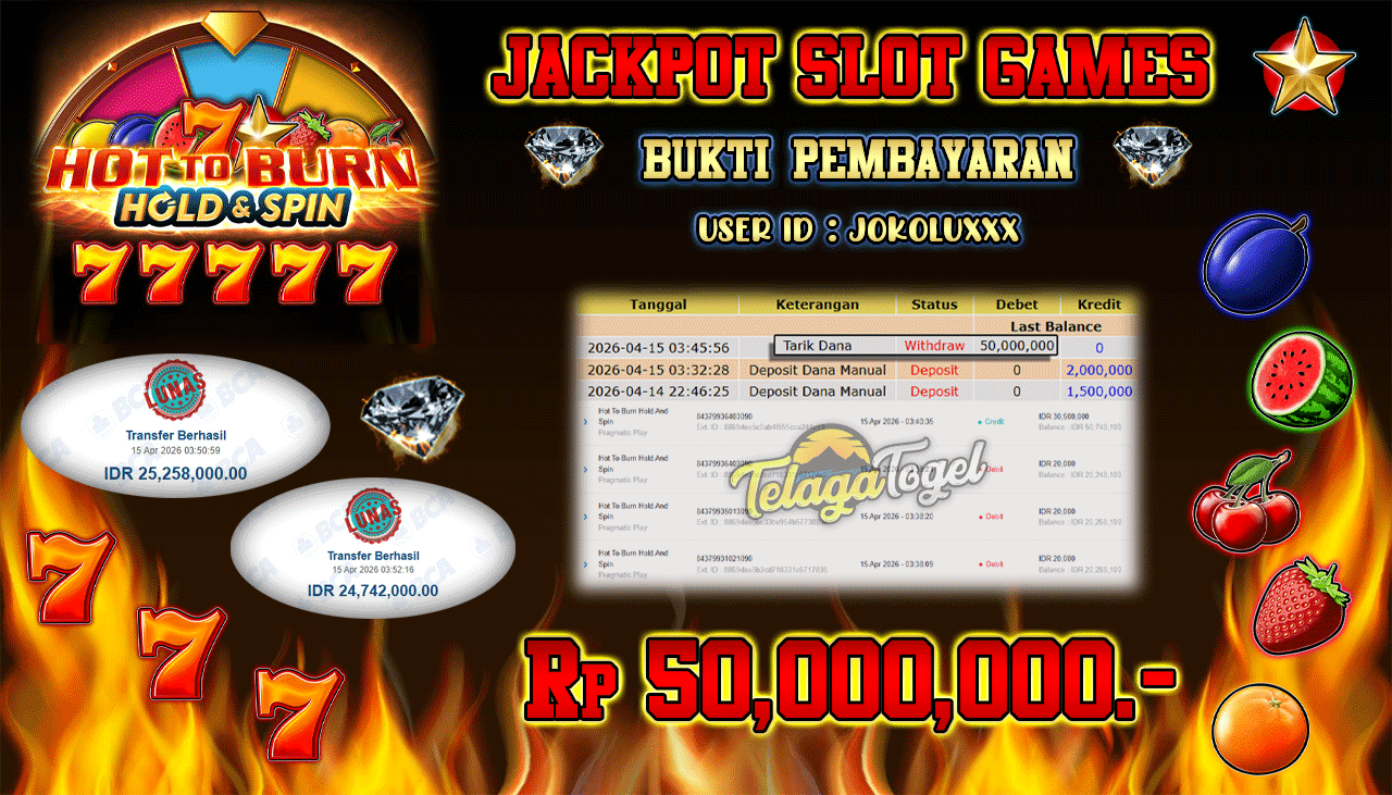 TELAGATOGEL JACKPOT SLOT HOT TO BURN HOLD & SPIN (PRAGMATIC PLAY) Rp 50,000,000.- LUNAS