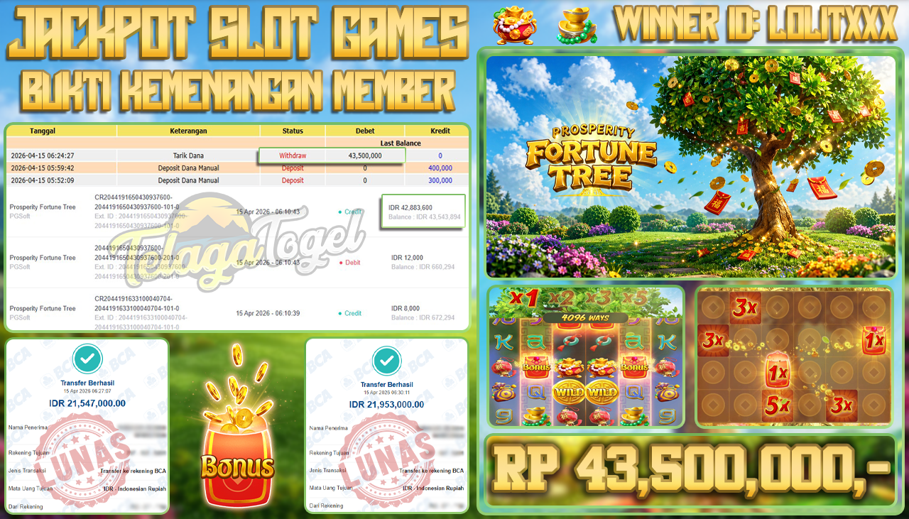 TELAGATOGEL JACKPOT SLOT PROSPERITY FORTUNE TREE (PG SOFT) Rp 43,500,000.- LUNAS