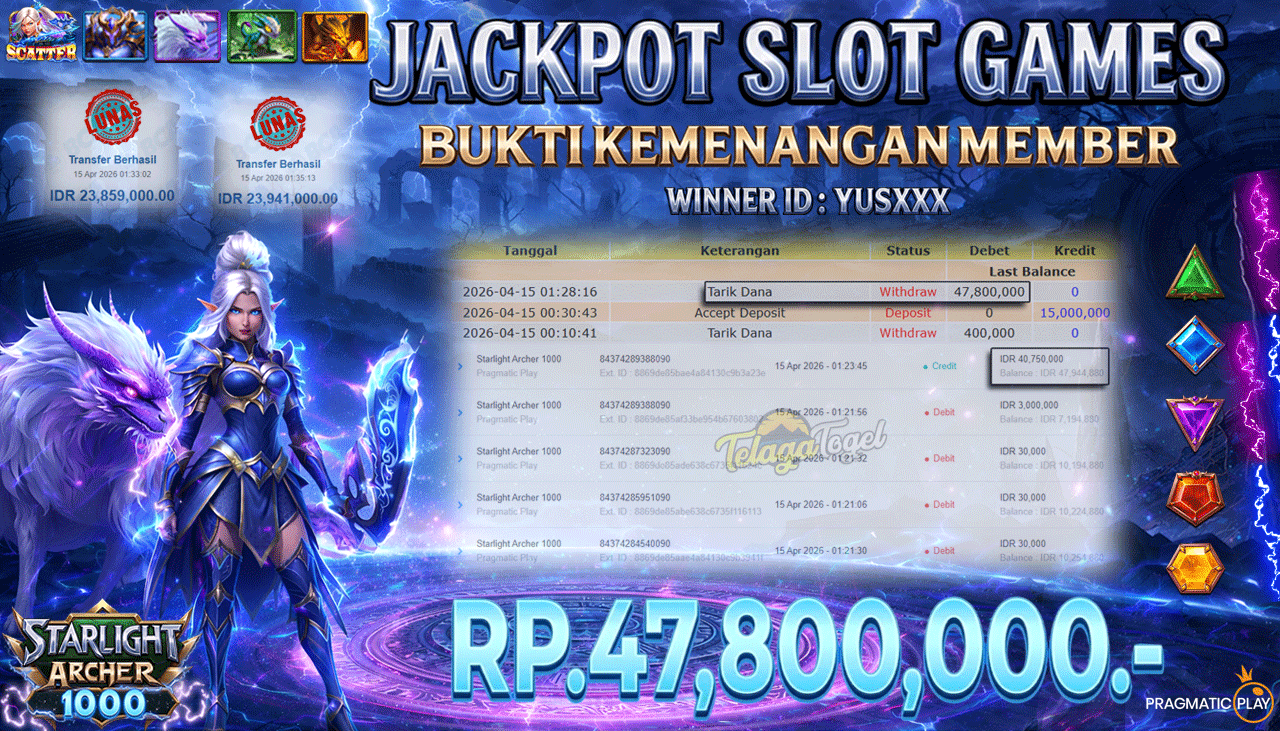 TELAGATOGEL JACKPOT SLOT STARLIGHT ARCHER 1000 (PRAGMATIC PLAY) Rp 47,800,000.- LUNAS