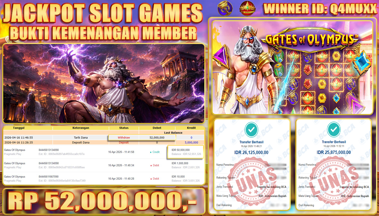 TELAGATOGEL JACKPOT SLOT GATES OF OLYMPUS (PRAGMATIC PLAY) Rp 52,000,000.- LUNAS