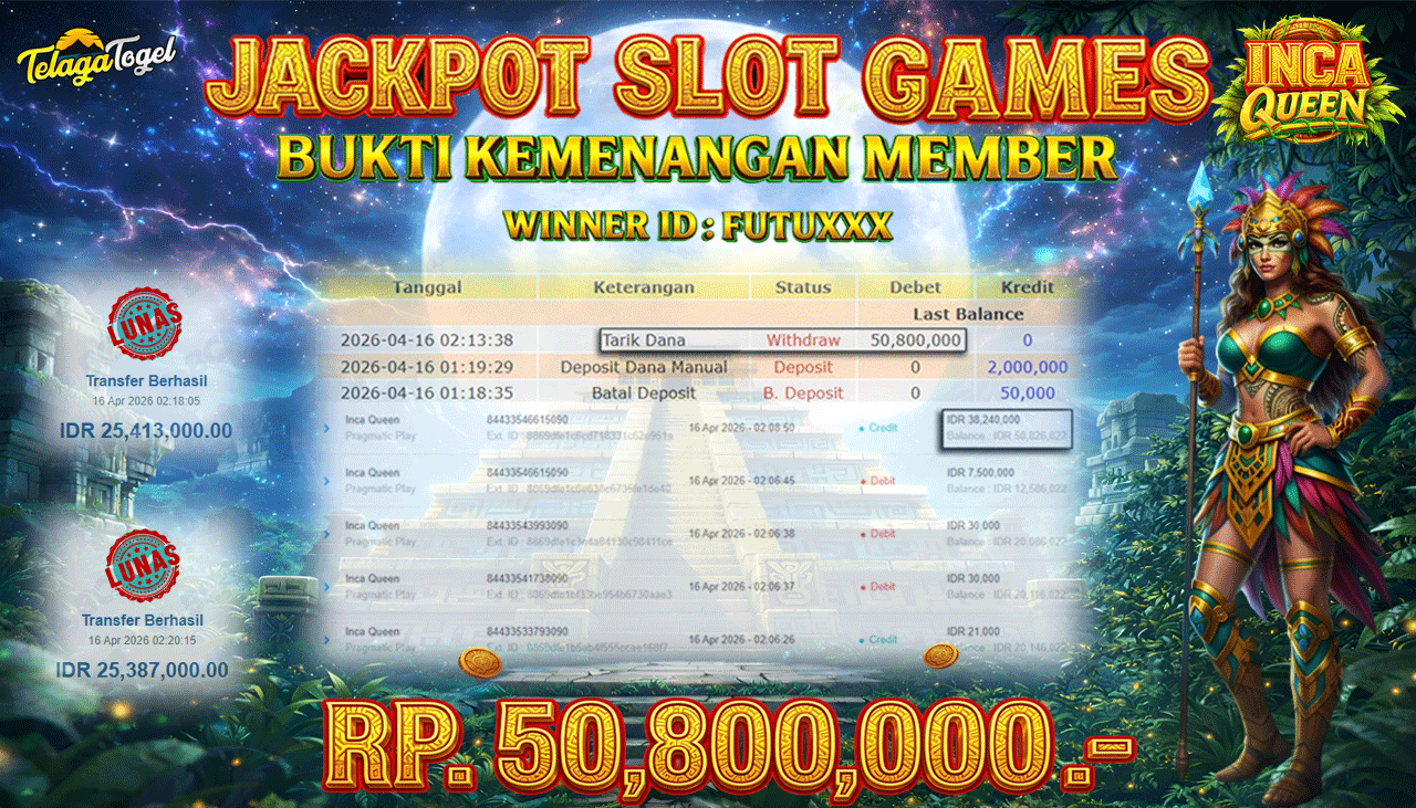 TELAGATOGEL JACKPOT SLOT INCA QUEEN (PRAGMATIC PLAY) Rp 50,800,000.- LUNAS