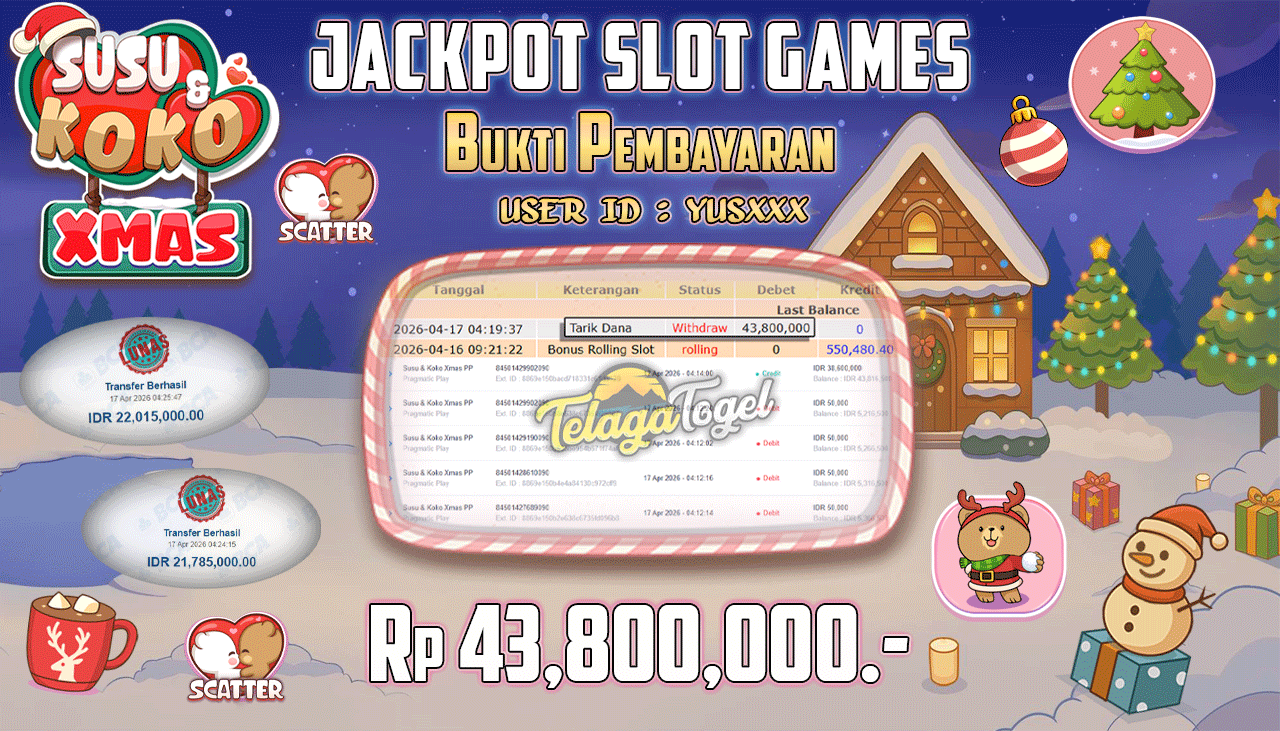 TELAGATOGEL JACKPOT SLOT SUSU & KOKO XMAS PP ( PRAGMATIC PLAY ) Rp 43,800,000.- LUNAS