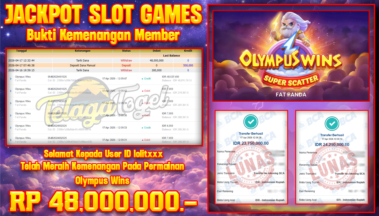 TELAGATOGEL JACKPOT SLOT OLYMPUS WINS ( FAT PANDA) Rp 48,000,000.- LUNAS