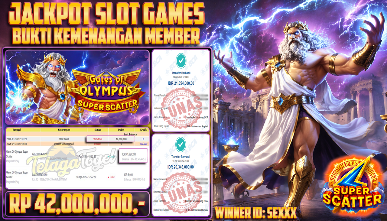 TELAGATOGEL JACKPOT SLOT GATES OF OLYMPUS - SUPER SCATTER ( PRAGMATIC PLAY) Rp 42,000,000.- LUNAS