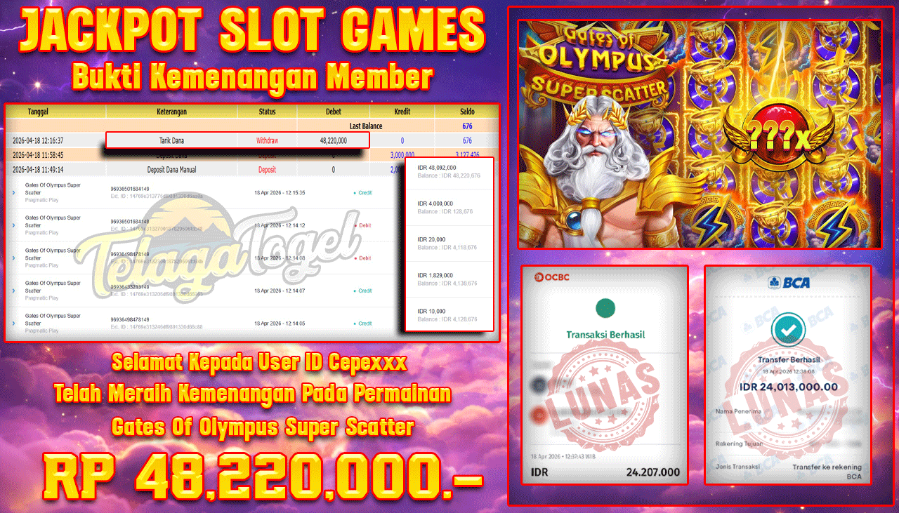 TELAGATOGEL JACKPOT SLOT GATES OF OLYMPUS - SUPER SCATTER ( PRAGMATIC PLAY) Rp 48,220,000.- LUNAS