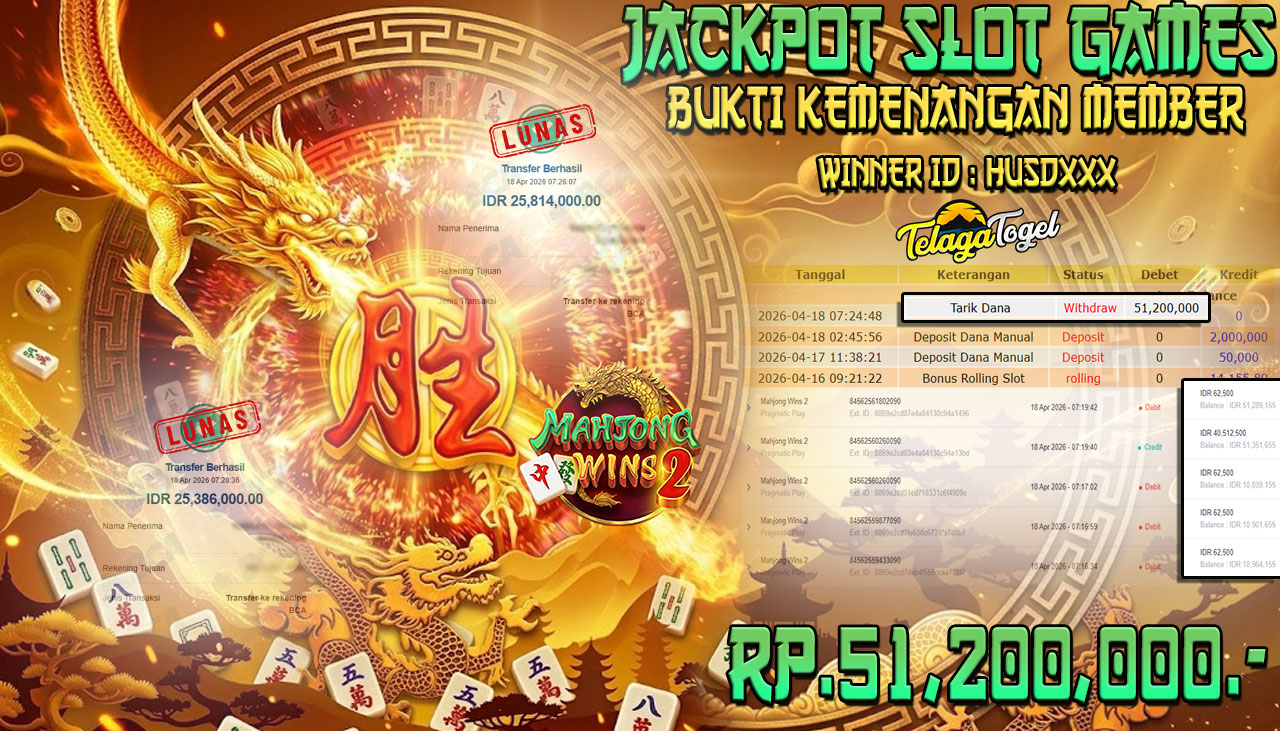 TELAGATOGEL JACKPOT SLOT MAHJONG WINS 2 ( PRAGMATIC PLAY) Rp 51,200,000.- LUNAS