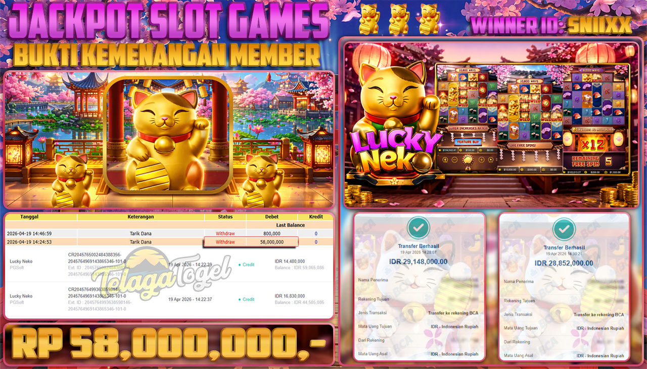 TELAGATOGEL JACKPOT SLOT LUCKY NEKO ( PG SOFT) Rp 58,000,000.- LUNAS