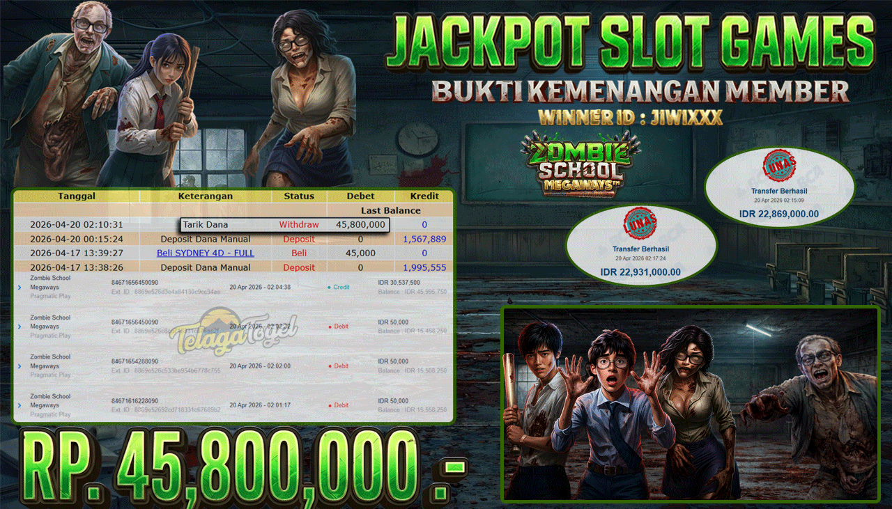 TELAGATOGEL JACKPOT SLOT ZOMBIE SCHOOL MEGAWAYS ( PRAGMATIC PLAY) Rp 45,800,000.- LUNAS