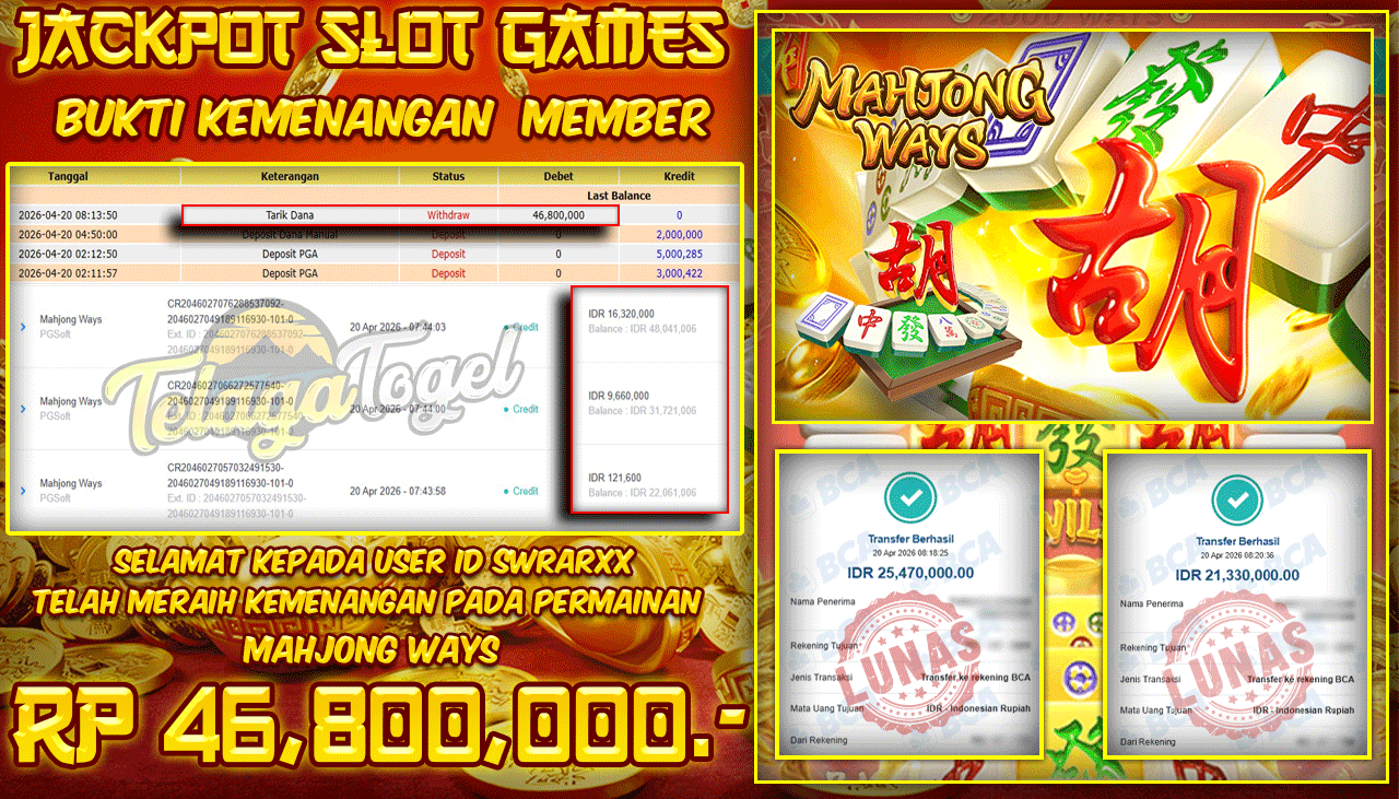 TELAGATOGEL JACKPOT SLOT MAHJONG WAYS ( PGSOFT ) Rp 46,800,000.- LUNAS