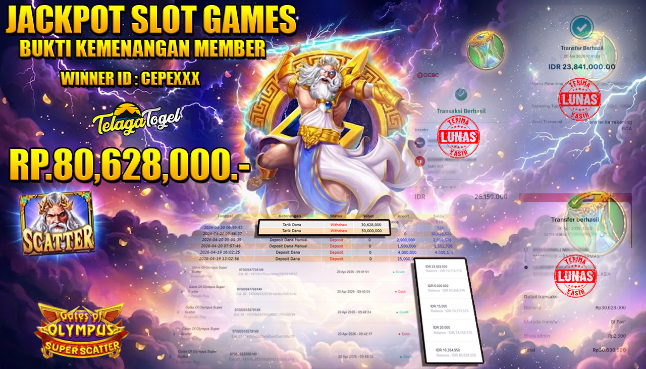 TELAGATOGEL JACKPOT SLOT GATES OF OLYMPUS SUPER SCATTER ( PRAGMATIC PLAY) Rp 80,628,000.- LUNAS